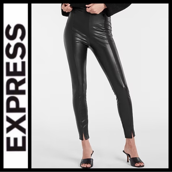 NWOT Express Super High Waisted Front Slit Faux Leather Leggings - Picture 2 of 8